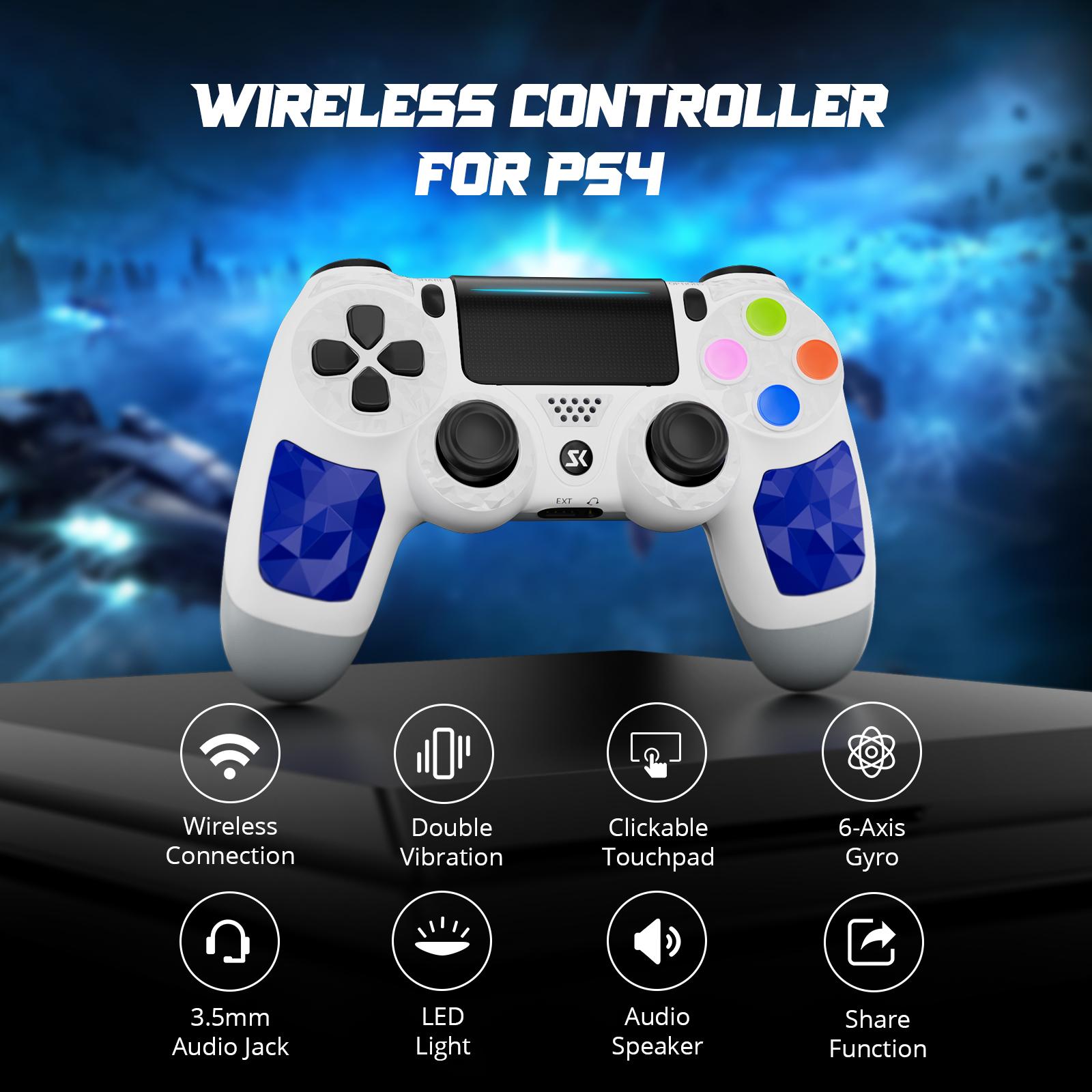 ISHAKO Wireless Game Controller For PS4/PS3/PC/Android/iOS, With Double Vibration, Six Axis Gyro, Touchpad, Built in speaker, Audio jack, PS4 games, gamepad, White PS413