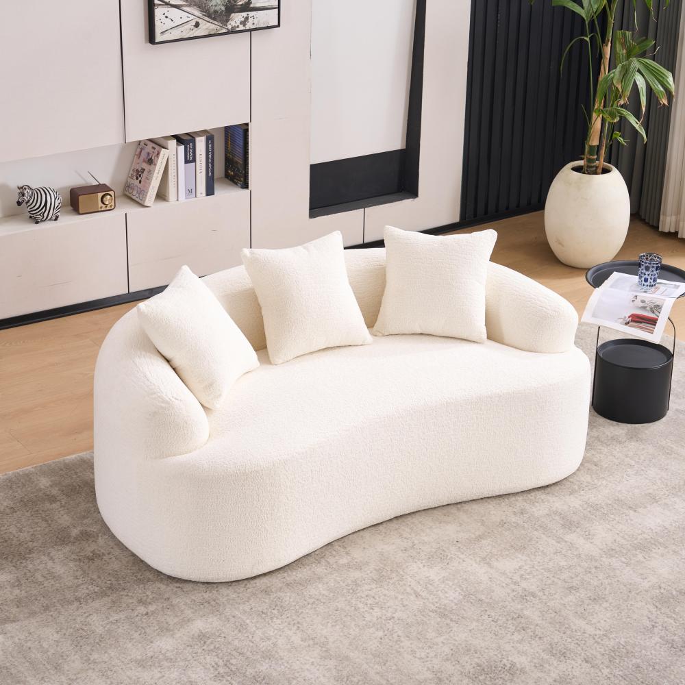 Curved Modern Boneless Sofa Loveseat, Backrest Upgrade, 2-Seater Off-White Chenille Compression Couch with 3 Pillows, Minimalist Modular Couches for Living Room, Office, Apartment, Guest Room
