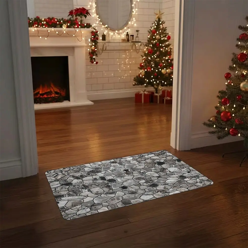 2D flat stone-pattern rubber floor mat |   Non-slip, water-absorbent, washable, decorative bathroom and home carpet, durable kitchen mat, easy-to-clean entrance doormat, stylish home decor accent, multi-purpose carpet