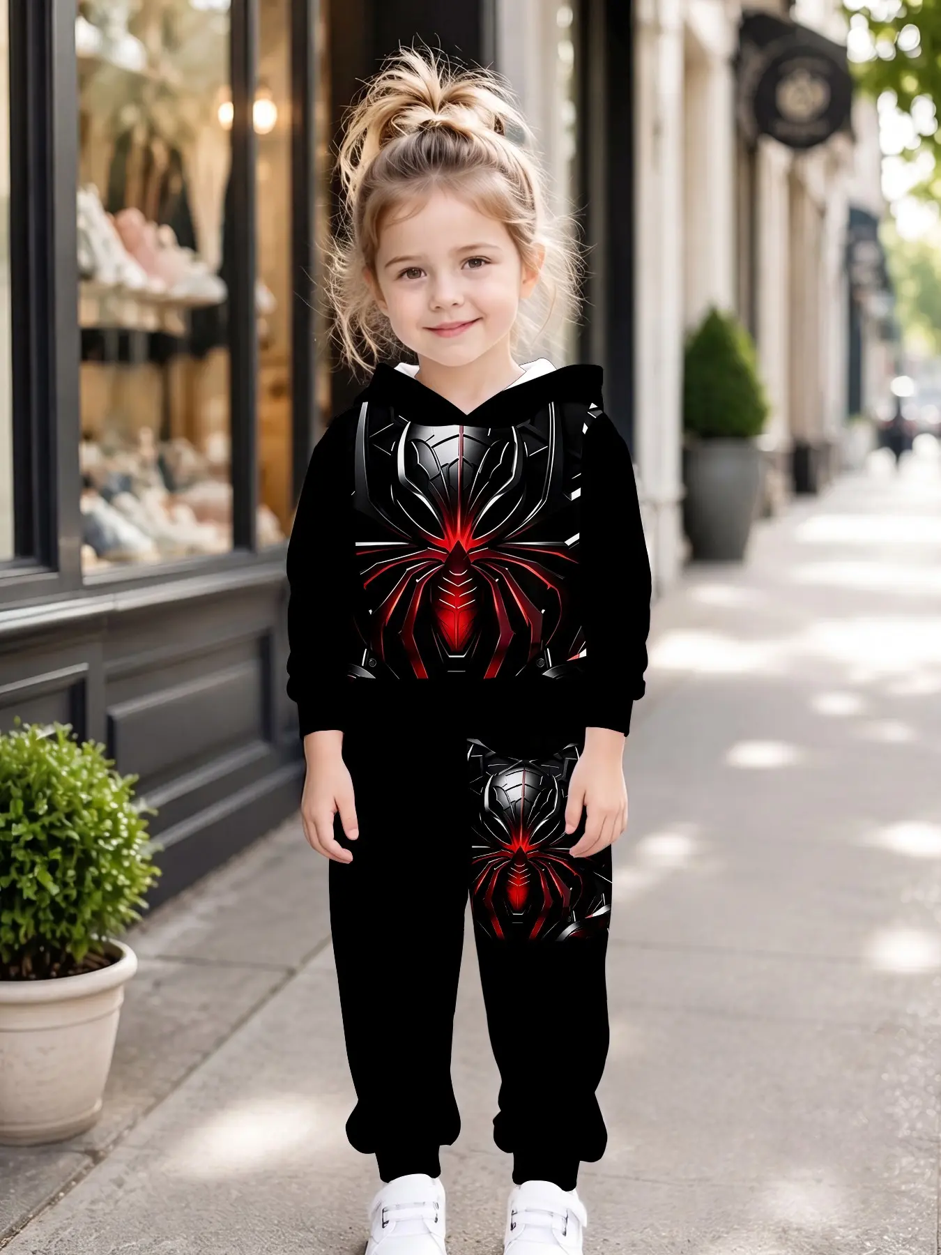 Spider Hero Set, Graphic Print Set, Base Light Spider Print Hoodie and Long Pants, Casual Loose-Fit Fall Winter