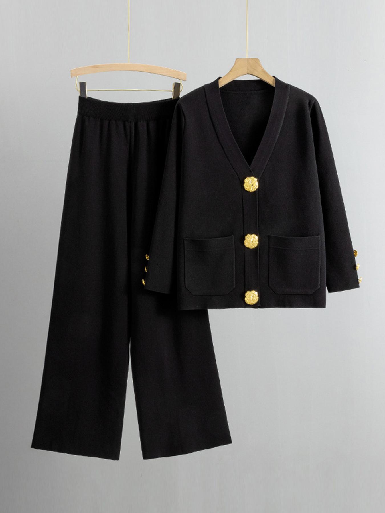 Women's Versatile V-Neck Gold-Toned Button Side Pocket Cardigan & High Waist Wide Leg Trousers Co-ord