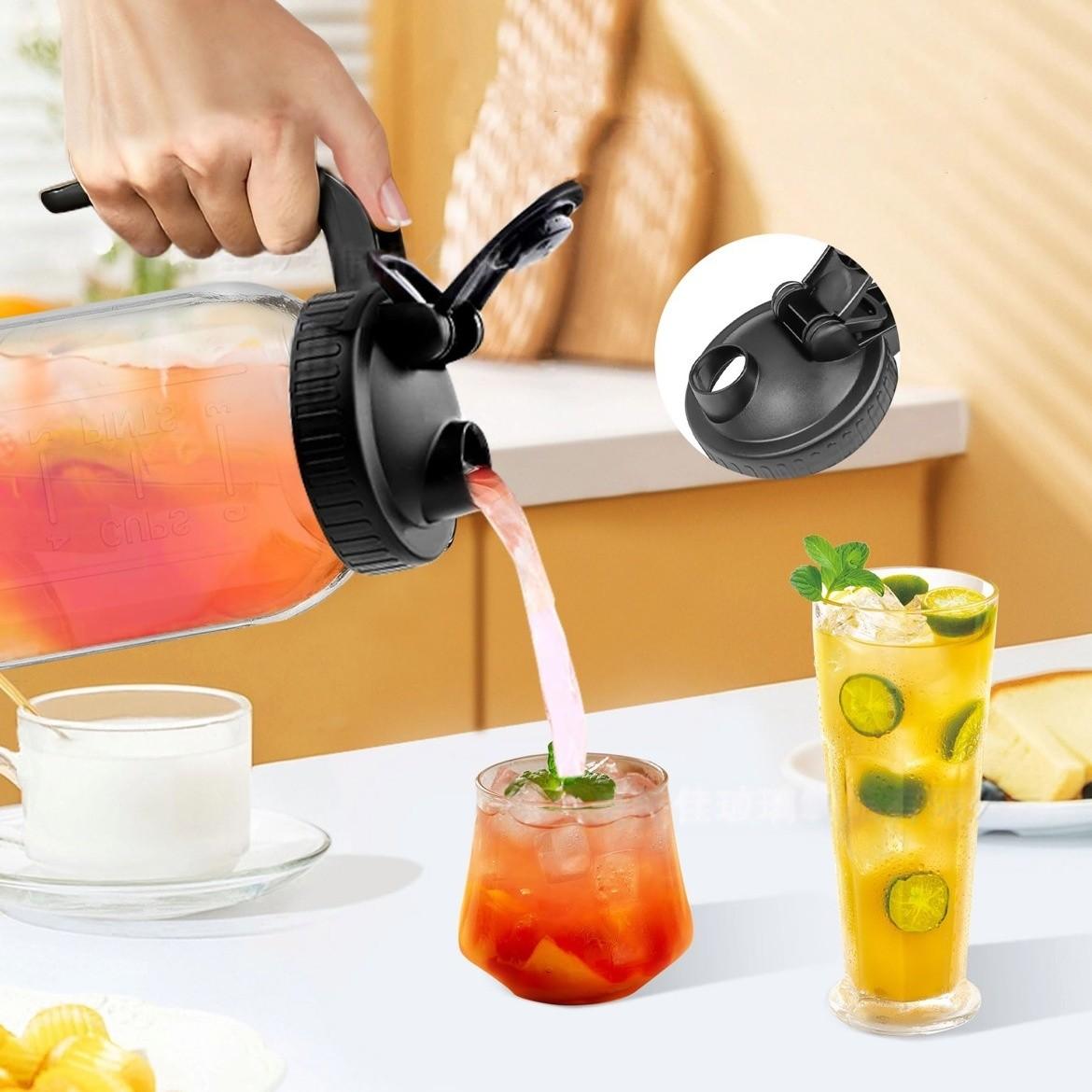 Bestseller 3PCS 64oz Glass Water Pitcher with Flip Top Lid and Handle Leakproof Wide Mouth Mason Jar Style Beverage Container with Scale for Cold Water Ice Water Cold Brew Iced Coffee Tea Juice Milk Homemade Drinks for Home Kitchen Fridge Office Picnic