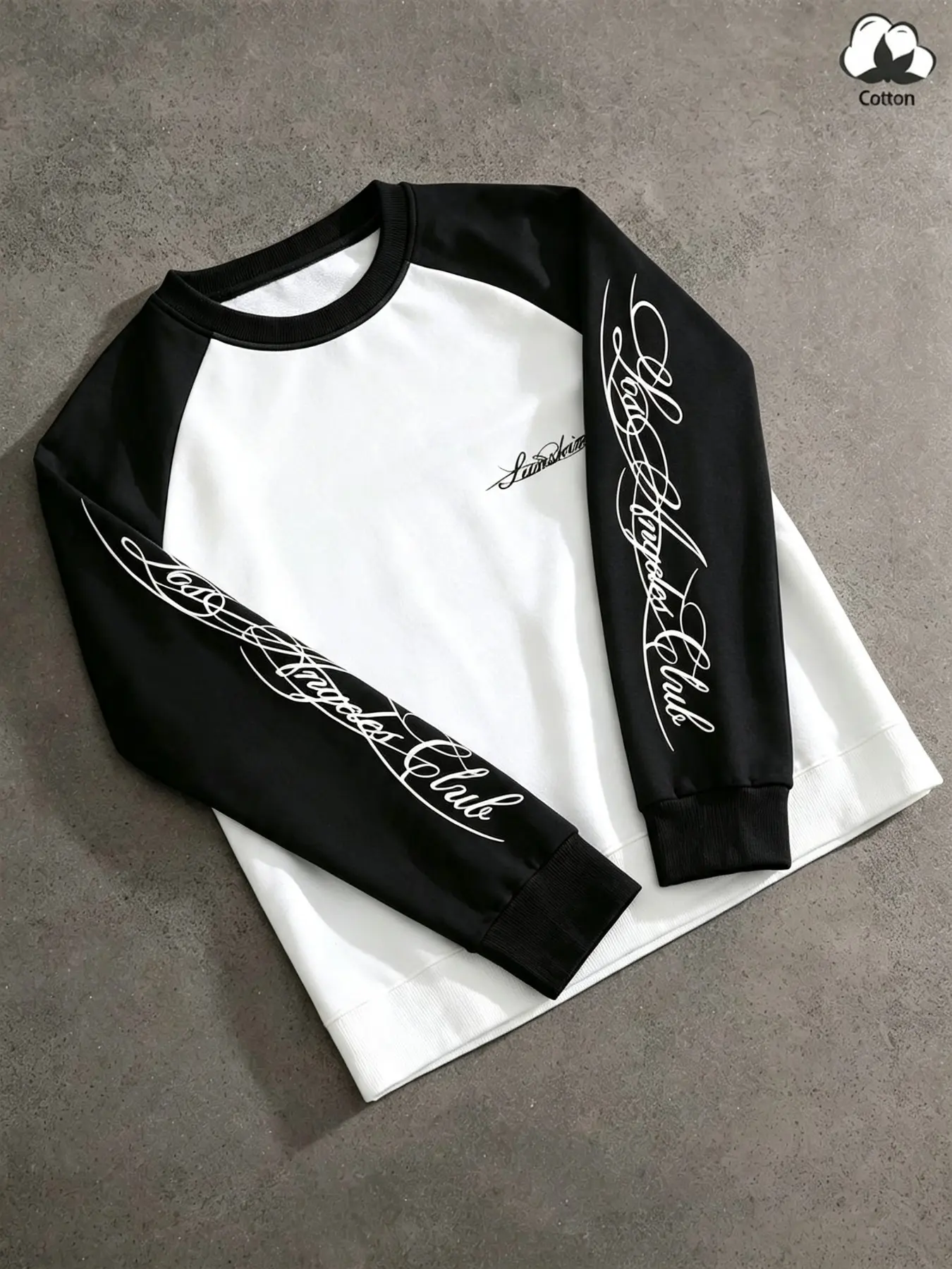 Unisex Cotton Multi-Color Raglan Colorblock Double Sleeve Script Print Crewneck Sweatshirt American Streetwear Oversized Casual Top Piece