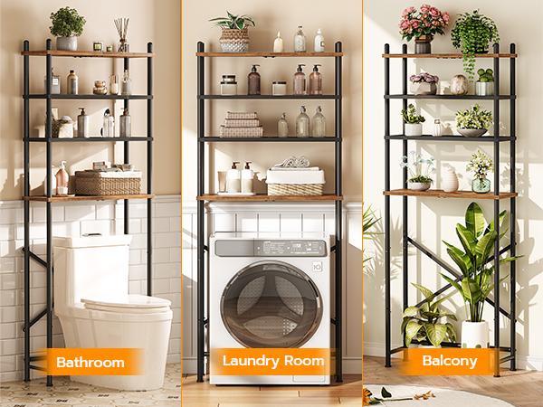 HOOBRO 4-Tier Over Toilet Bathroom Organizer, Freestanding Above Toilet Shelf with Adjustable Feet, Easy Assembly, Space Saving Rustic Brown and Black