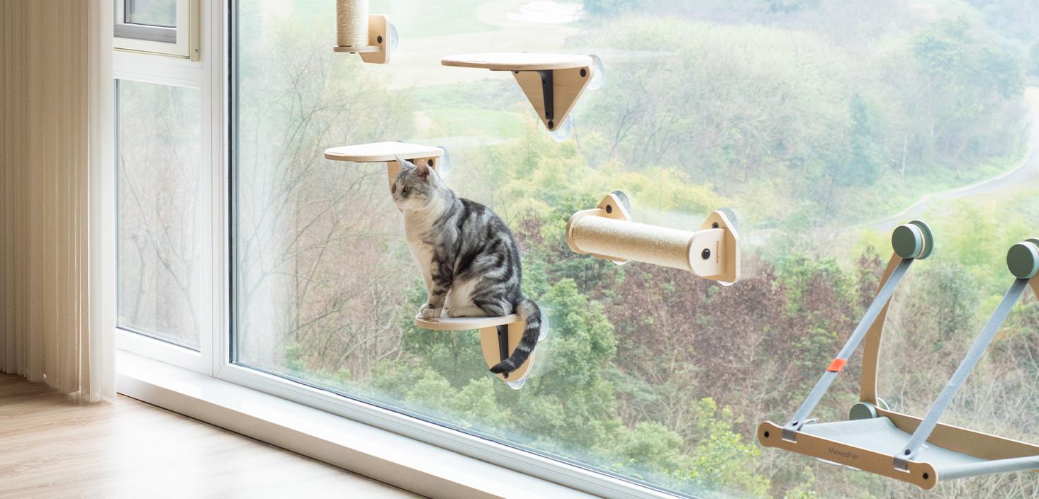MEWOOFUN Sturdy Cat Window Perch Hammock with Climbing Steps and Scratching Post Wooden Window Mounted Cat Bed for Indoor Cats (3 Pcs Cat Climber Set), Space Saving Window Cat Wall, Vertical Cat Space Durable Cat Seat for Window Sill