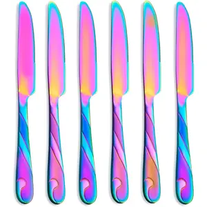 Rainbow Dinner Knife Set, Stainless Steel Shiny Rainbow Meat Knife For Table, 9.2-inch Knife Silverware Set, Set of 6