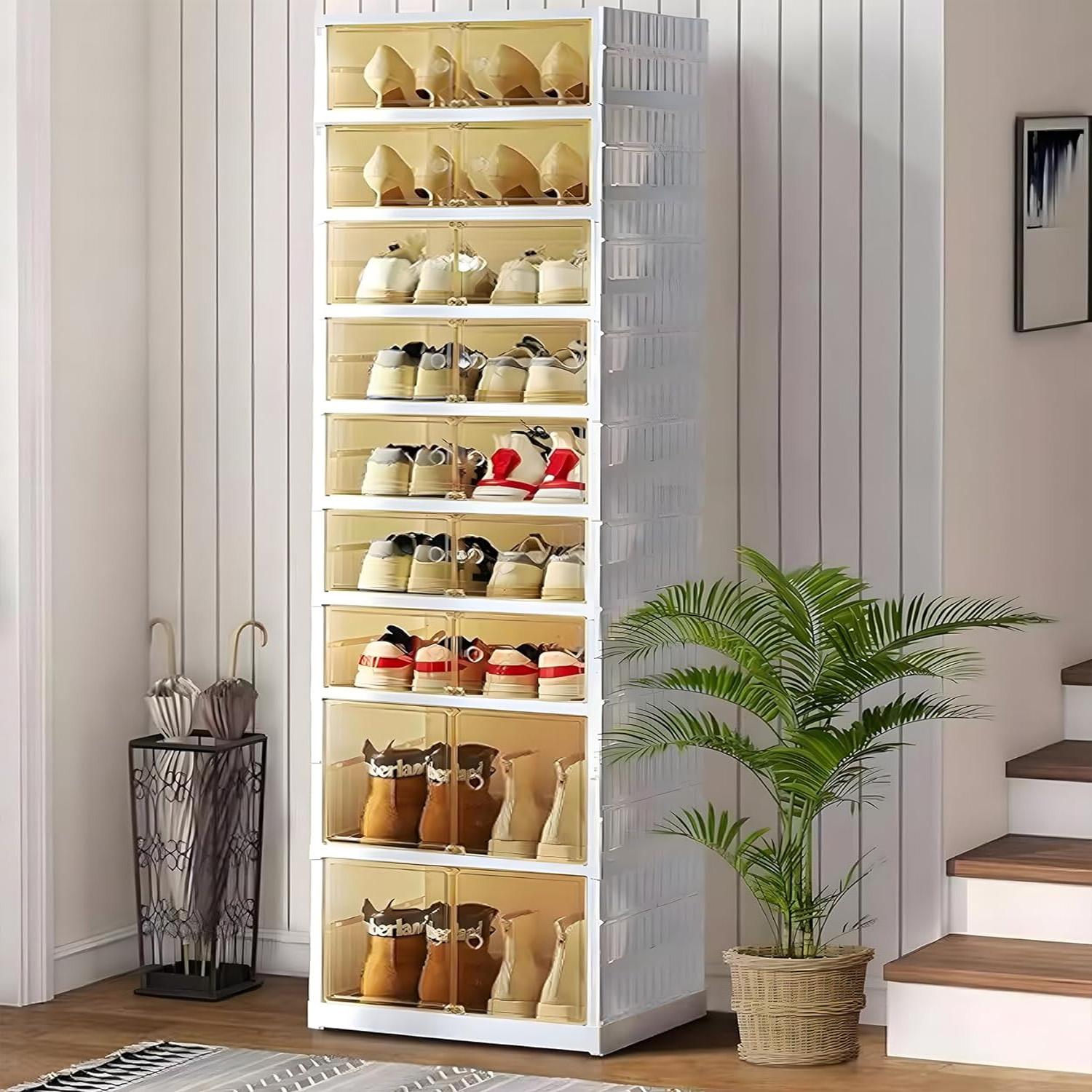 1/2Pcs 9/18 Tier foldable shoe cabinet,Can store 18 pairs of shoes,Plastic Collapsible Shoes Storage Box Clear Shoe Boxes Stackable with Door Shoe Cabinet Bins with Lids Large Organiser Racks shoe rack organizer men room accessories shoe cabinet storage