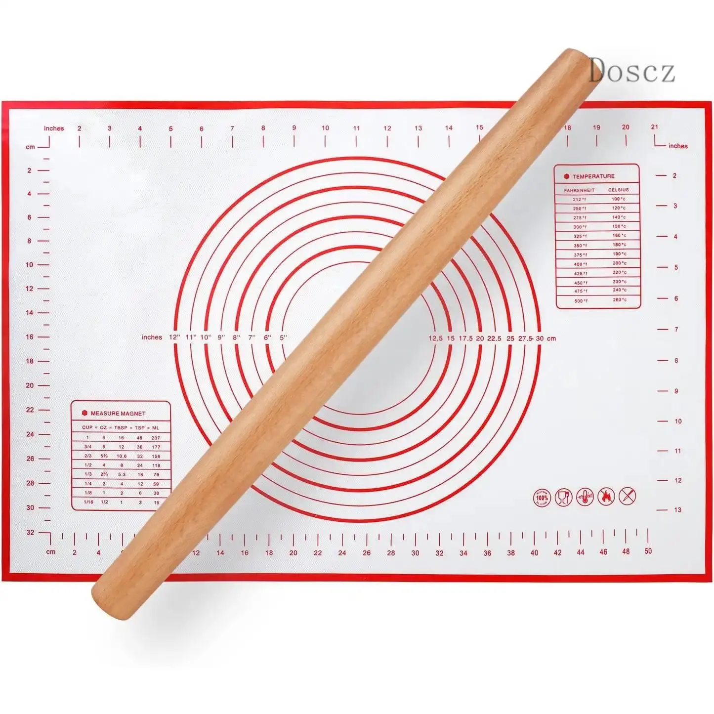 Beech Wood European Rolling Pin & Silicone Baking Mat Bakeware Set - Cake, Pizza, Pastry Dough Utensils for Home Baking, Red Pastry Mat
