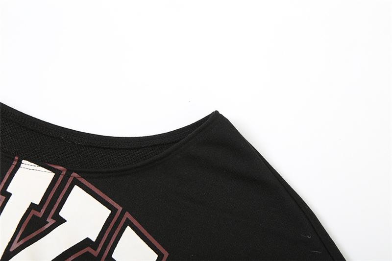 DOUCIU  Trendy Personality High Street Cool Hip-Hop Casual Streetwear Versatile Womenswear Women'S Letter Printing Cross-Shoulder Long Sleeves Short Crop-top T-Shirt