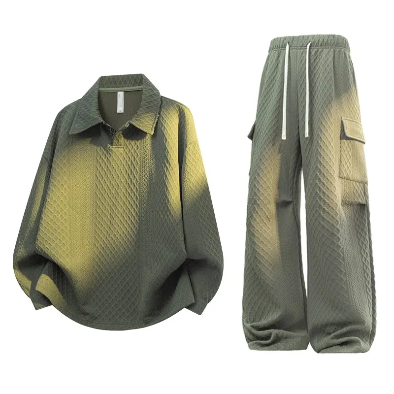 Men's Gradient Diamond Texture Two Piece Outfit, Polo Collar Half Placket Long Sleeve Top & Cargo Wide Leg Pants, Drawstring Elastic Waist, Loose Casual Matching Set For Daily Citywalk # FallVibes