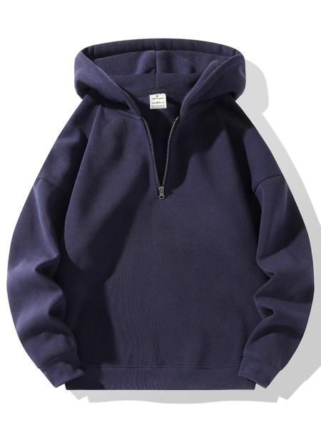 Men's Half-Zip Fleece Hoodie, Casual Long Sleeve Drop Shoulder Sweater, Thick Fabric for Fall & Winter, Sporty Fashion Pullover