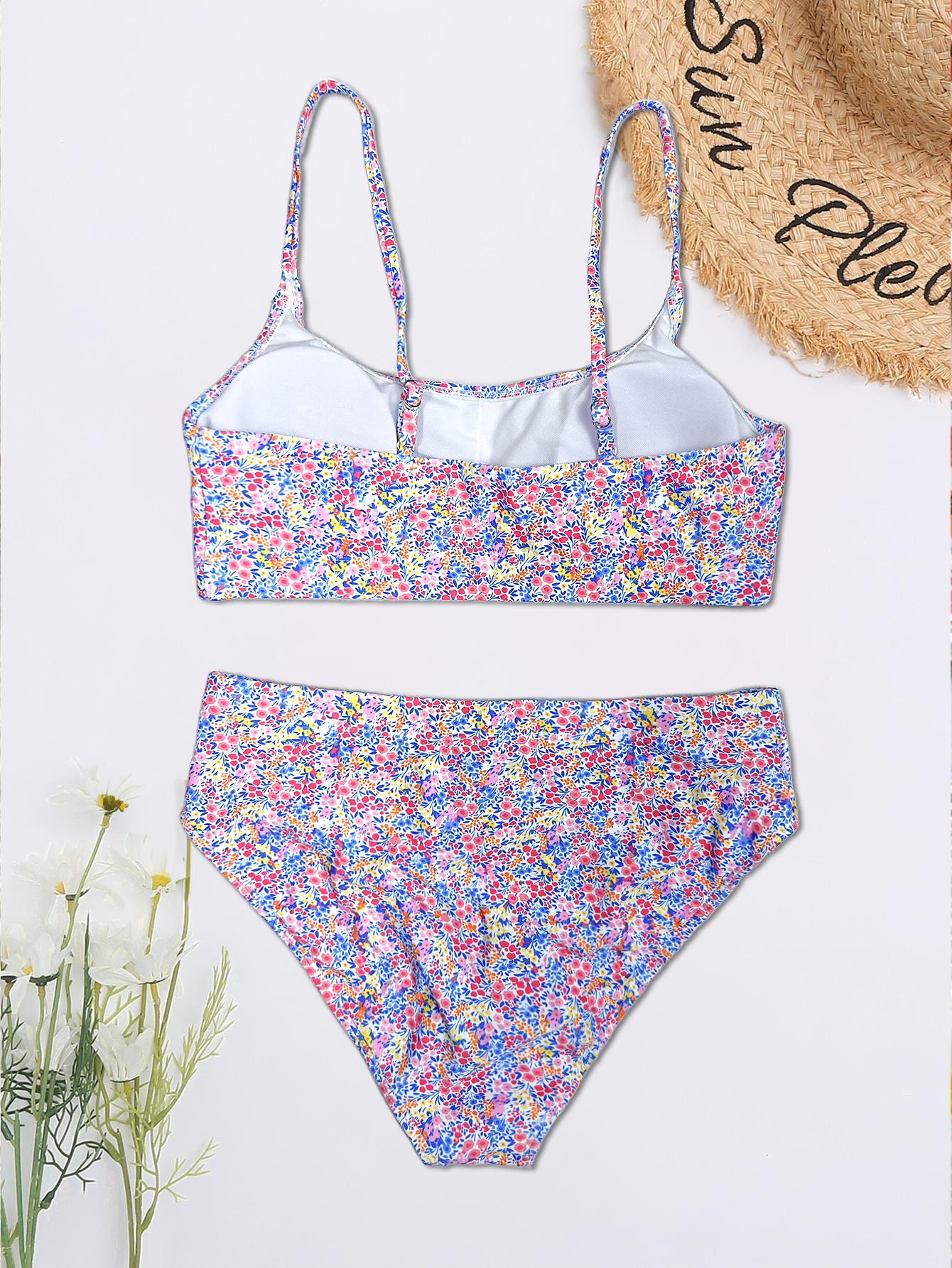 Women's Sexy Ditsy Floral Bikini Set, U Neck Thin Straps Low Waist Two-Piece Swimsuit, Summer Beach Vacation Swimwear