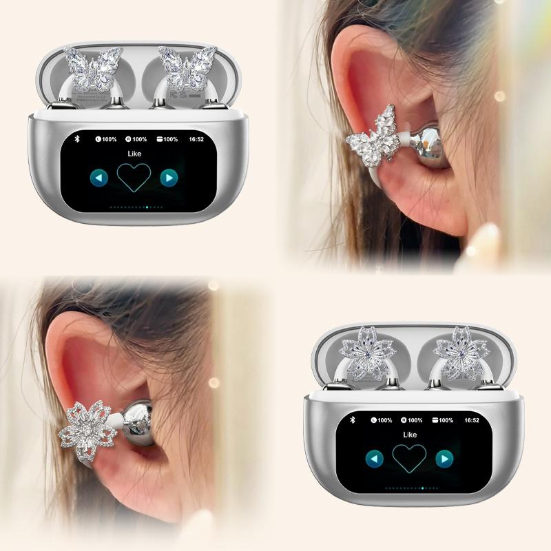 HYUNDAI C02 Clip-On Ear Headphones with LCD Full Color Touch Screen, Wireless Earbuds Headset for Music & Phone Calls