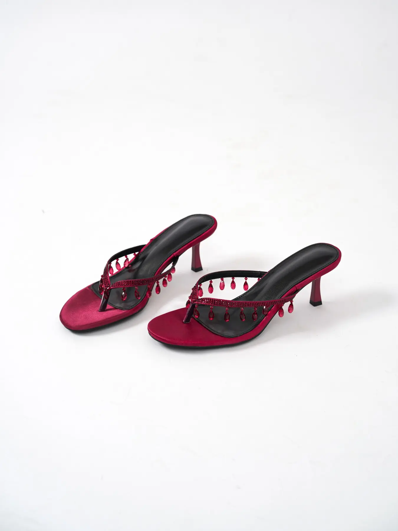 Burgundy Satin Thong High‑Heel Mules Women Water Drop Rhinestone Tassel Slip‑on Heeled Sandals Evening Party Dress Shoes
