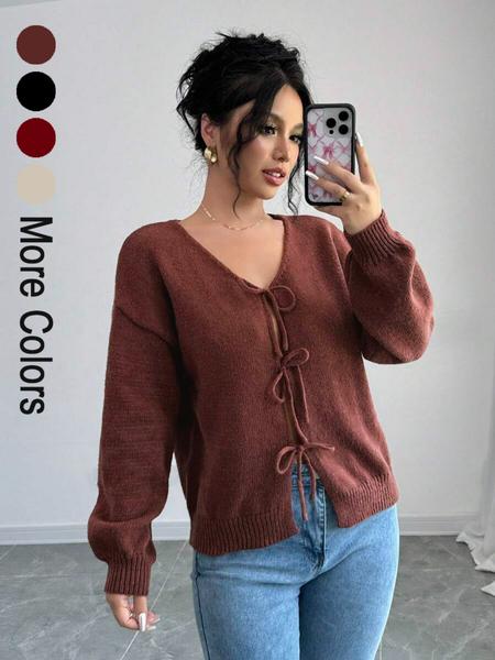 Women's Loose-Fit Shoulder Strap Sweater Cardigan, Solid Butterfly Knot Design, Casual Long Sleeve V Neck Knitwear for Spring & Fall