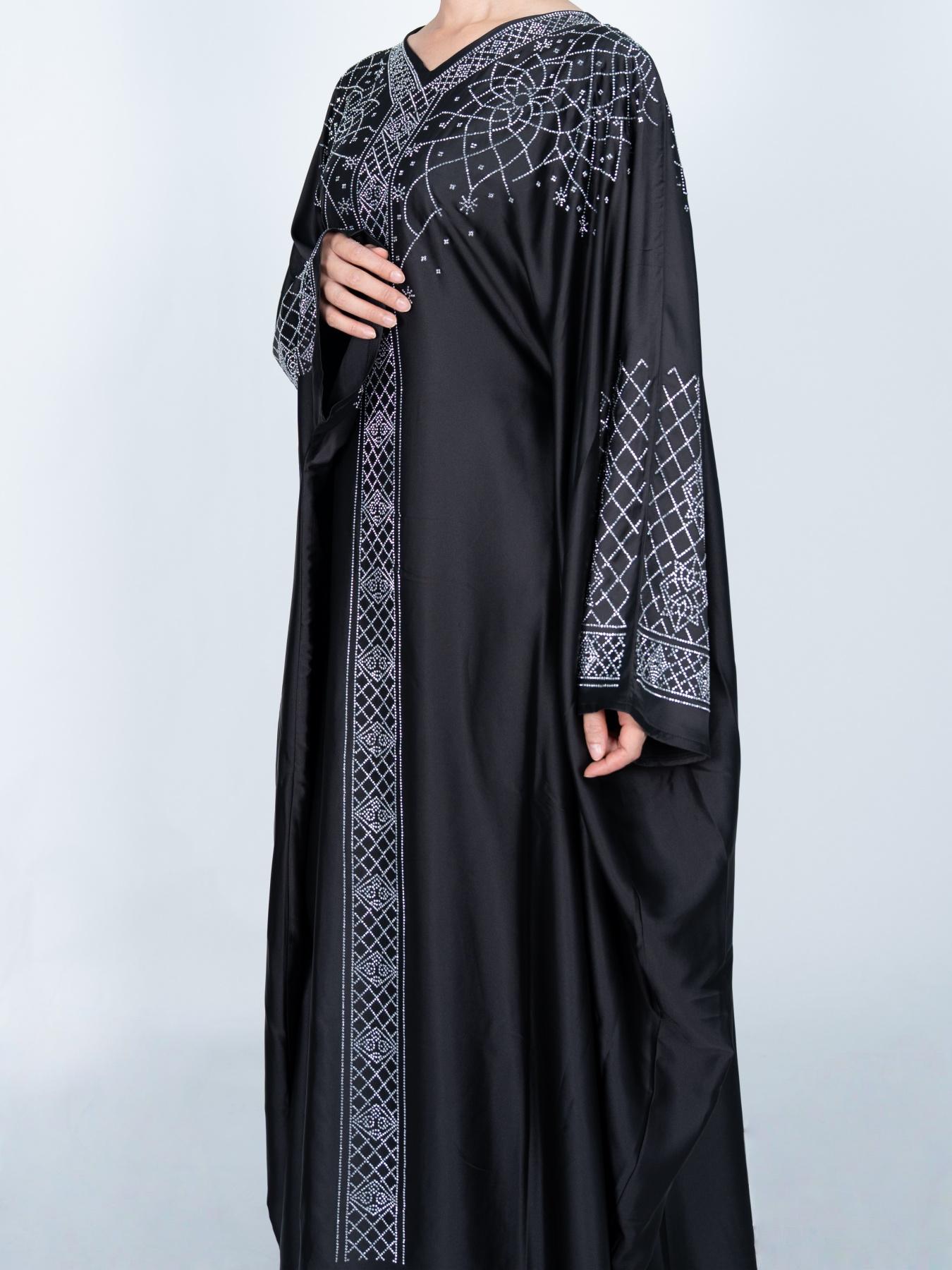 High-Quality Rhinestone Satin Islamic Abaya Eid Robe, Elegant Geometric Design, Long Sleeve Maxi Dress, Perfect for Special Occasions