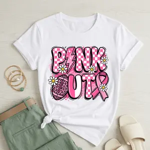 Pink Out Football Ribbon Graphic Trending Womens Oversized Crewneck Tee Loose Fit Short Sleeve Shirt Casual Everyday Game Day Outfit Soft Breathable Cotton