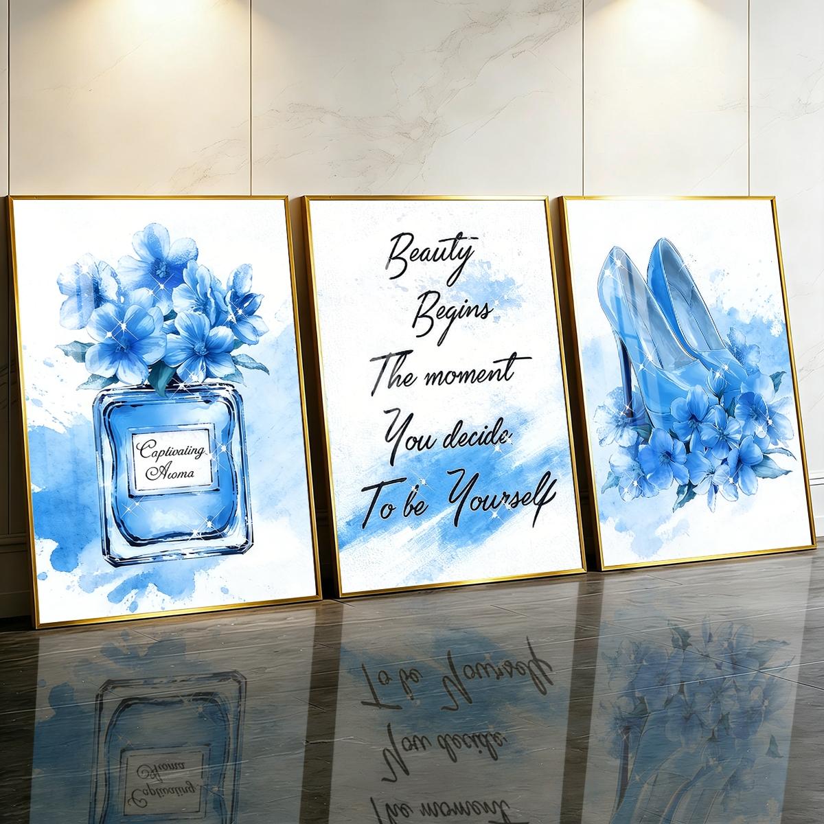 3 Counts Aluminum Alloy Framed Painting, Blue High Heels Perfume And Flowers Illustration, Home Decoration For Living Room, Bedroom, Office, Restaurant, Hallway Wall Decor, Odorless Print Artwork, Luxury Perfect Gift For Friends And Family