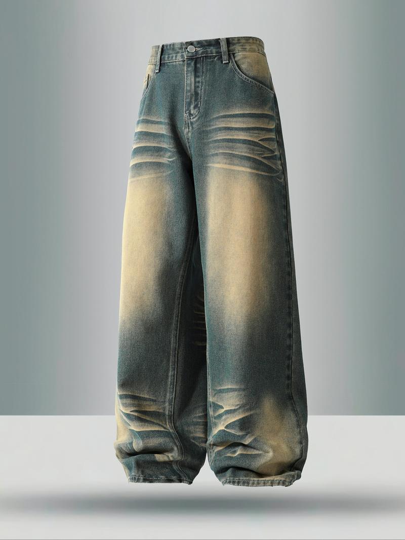 Men's vintage washed loose straight-leg jeans, casual four-season street style, zipper fly, solid color pattern, daily wear denim pants. If you prefer a looser fit, order one size larger.