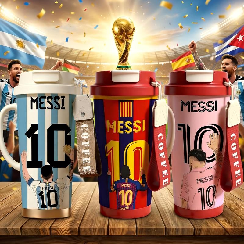 Vivacup 1Pc insulated mug Messi 10 back view Argentina vacuum cup, Thermos Cup, double wall stainless steel leak-proof travel tumbler for hot cold drinks, keeps warm 12 h/cold 24 h, 18oz soccer fan coffee thermal mug for women and men, football lover gift
