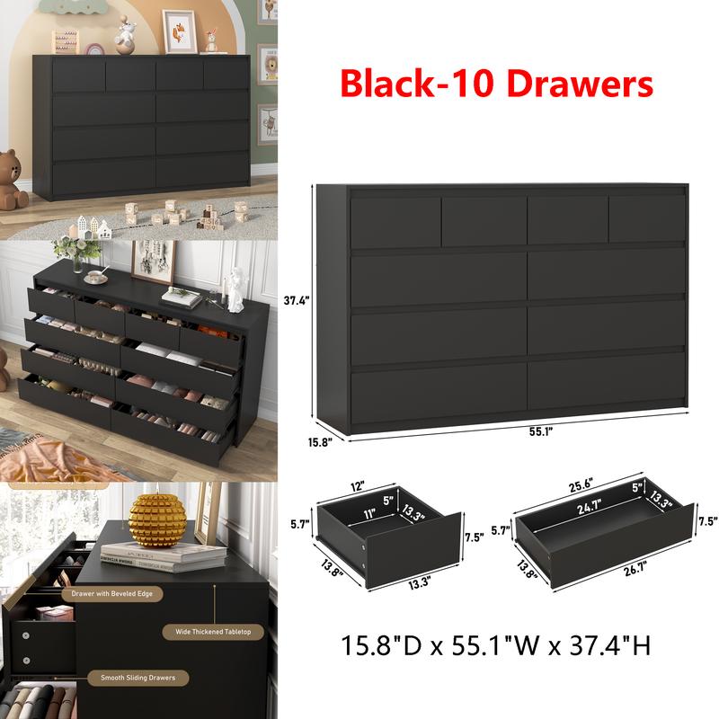 Dresser for Bedroom, Modern Dresser with Drawers, Large Wood Chest of Drawer Handle Free, Long Dresser for Bedroom, Living Room, Entryway, Hallway, White/Black