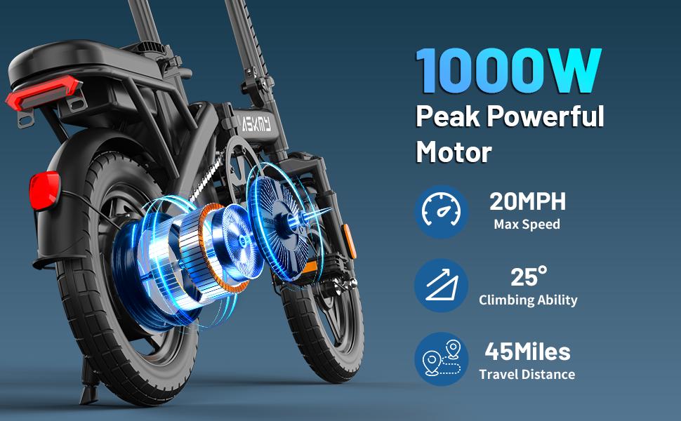 ASKMY E14 Folding Electric Bike 1000W Peak Motor, Up to 45 Miles Range | 14" Tubeless Tires, Dual Disc Brakes | UL Certified, Puncture-Tested Battery, 12-Month Warranty, Lightweight Design