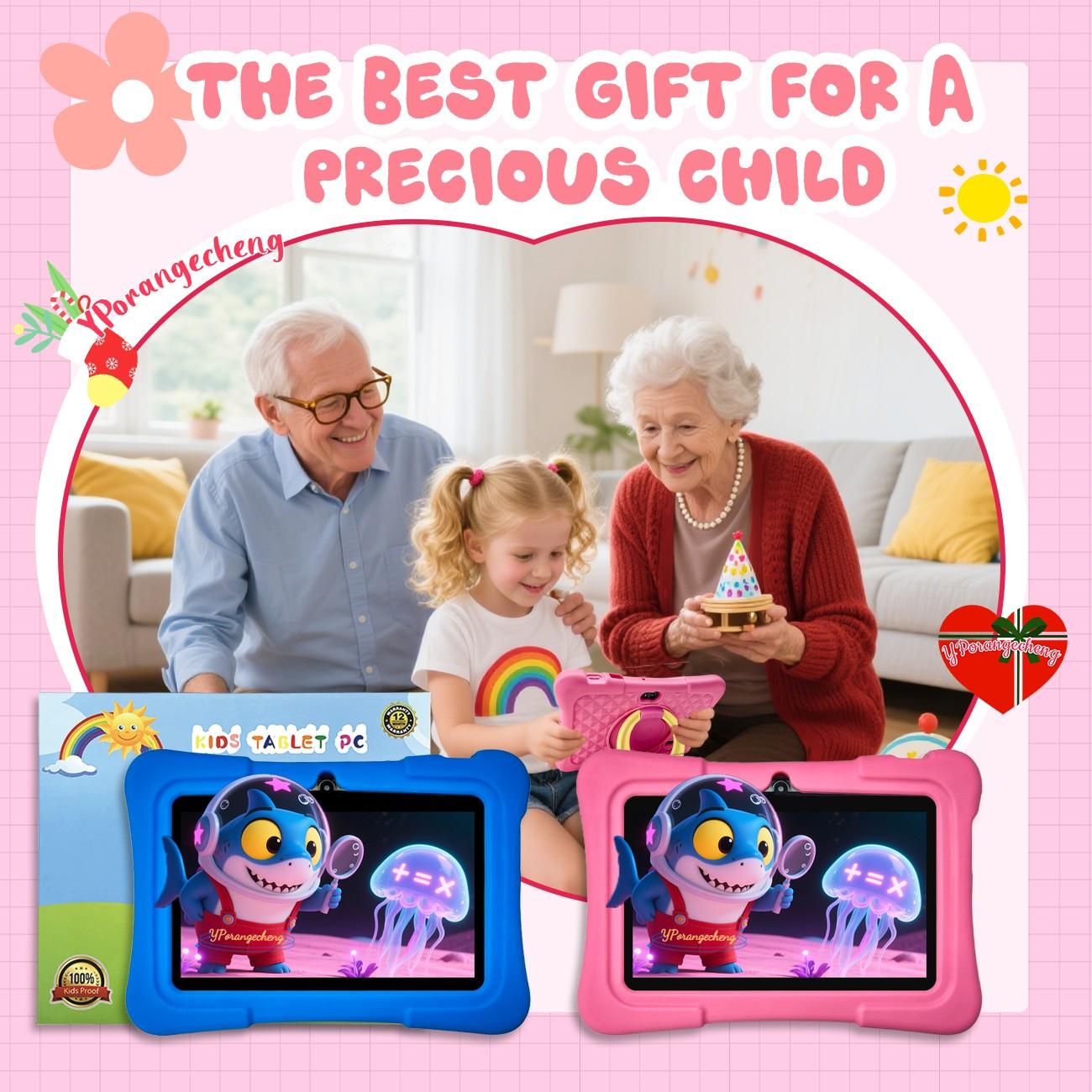Summer 7-Inch Smart Tablet for Kids & Students, 5G High-Speed WiFi, 2-in-1 Study & Office, HD Full Screen, Front & Rear Dual Cameras, Full-Body Shockproof Case, Durable, Early Learning + Entertainment, Online Class Ready, Gift for Easter/Christmas