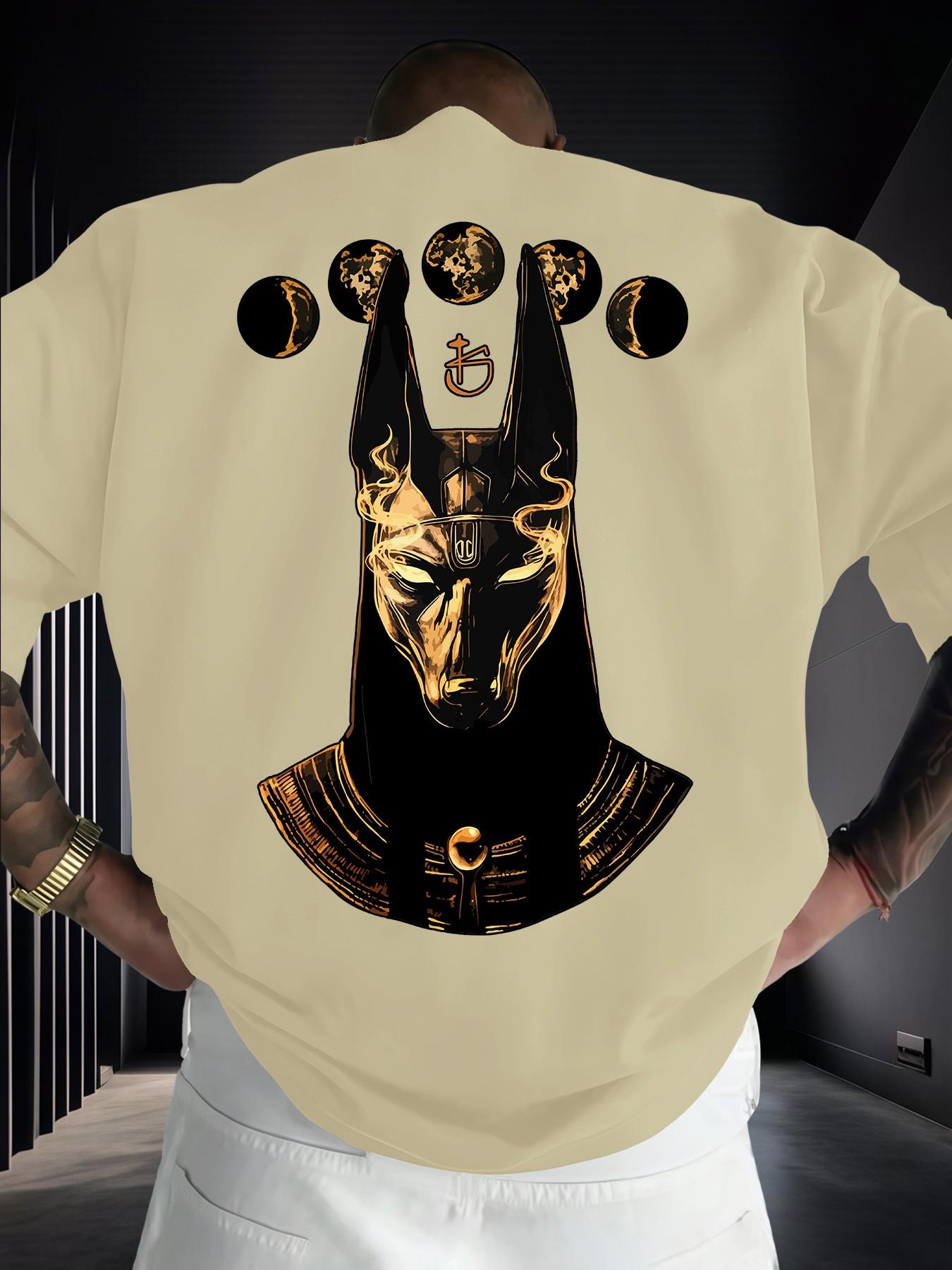 Anubis Moon Phase Egyptian Mythology Print Men's Fashion Short Sleeve Round Neck Casual Summer T-Shirt, Daily Wear