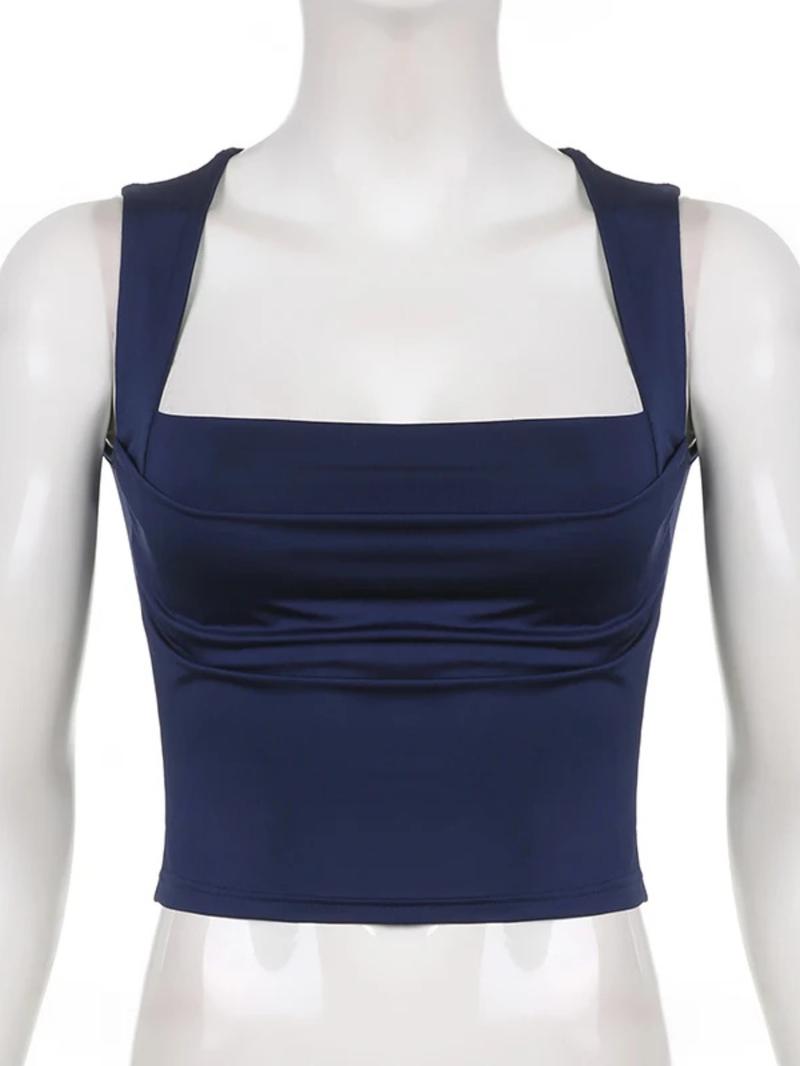 Women's Plain Ruched Square Neck Crop Tank Top, Casual Sleeveless Cropped Top for Fall, Minimalist Basic Short Tops, Ladies Clothes for Daily Wear, Summer Top