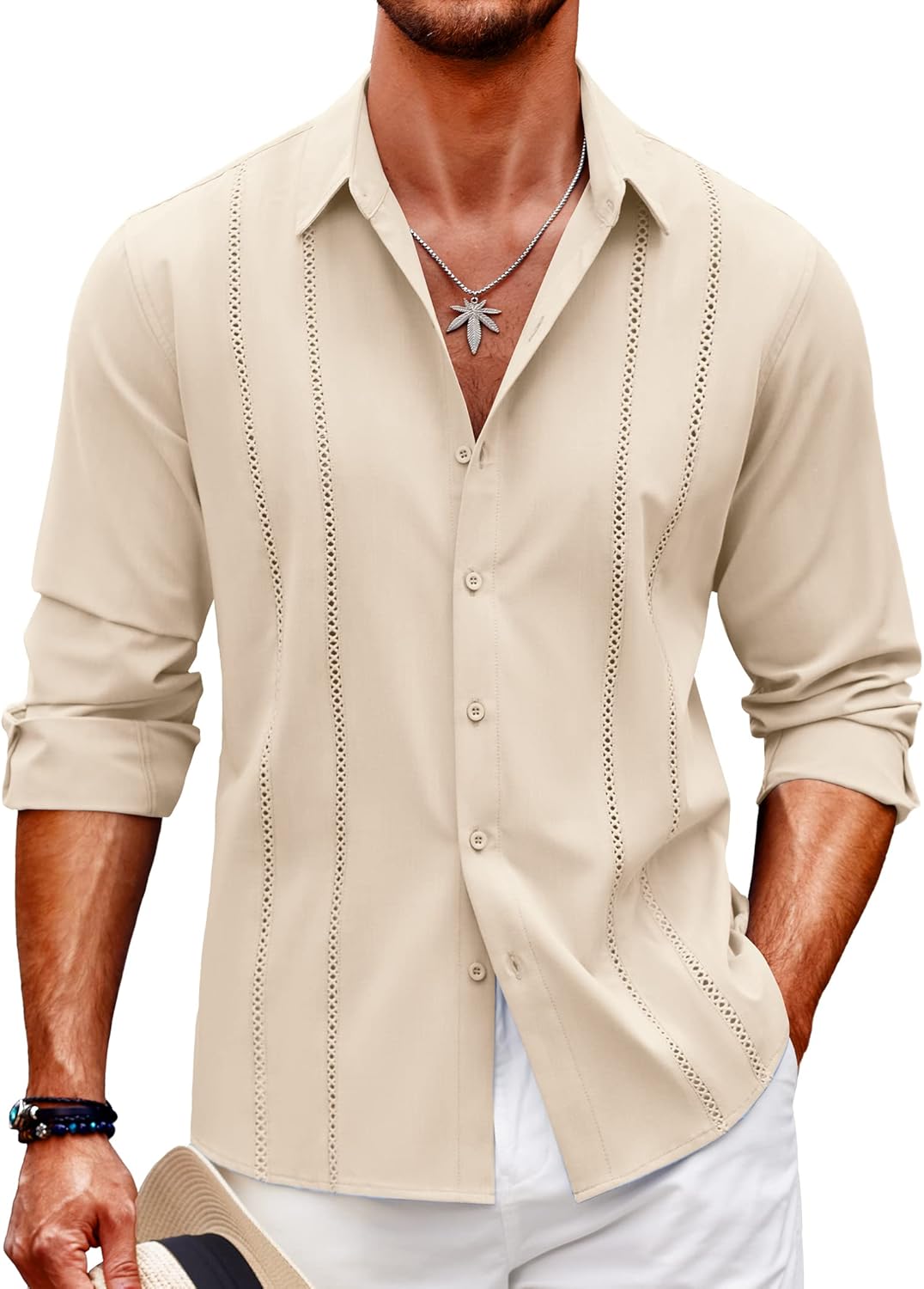 coofandy Men's Cuba Guayabera Exquisite Hollow Embroidered Button Front Shirt, Long sleeved Summer Beach Shirt Casual Regular Fit Long sleeved Collar Top, Elegant and Comfortable Men's Top, Suitable for Home, Date, and Dinner
