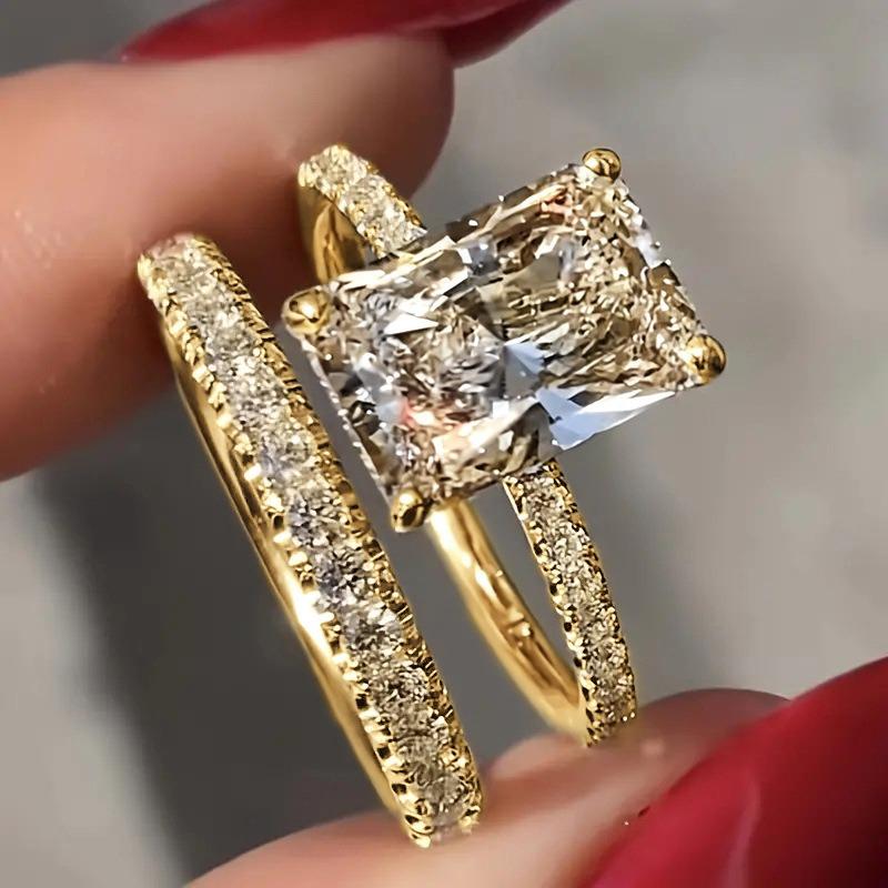 2Pcs Chic Square Cubic Zirconia Rings for Women Non Tarnish Bridal Rings Set | 14K Gold Plated Dainty Rectangle Cut CZ Wedding Bnand Ring Set Stackable Travel Eternity Promise Rings for Her Size 7-12