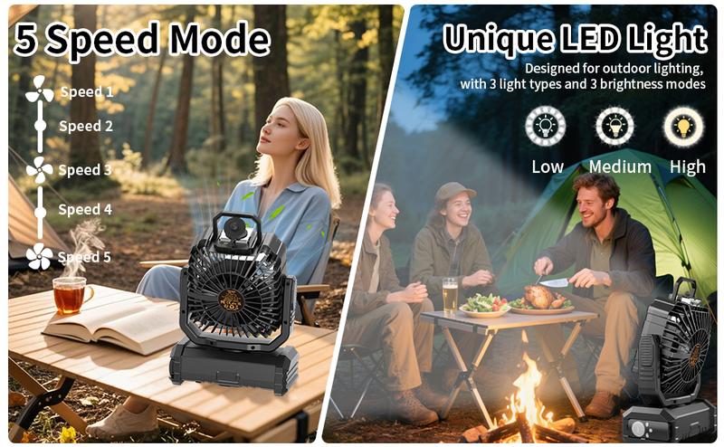 20000mAh Rechargeable Camping Fan with LED Light, Portable Multi-Function Fan with Spray Humidification, Shaking Head Emergency Camping Fan, Wireless Rotation, Battery Powered, Lightweight and Portable-Black