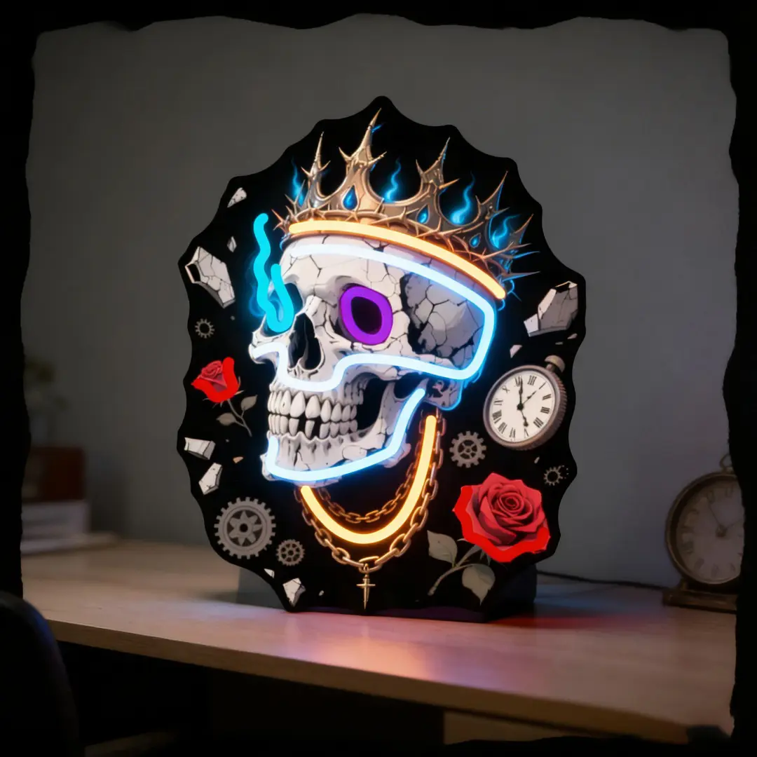 Steampunk Skull Crown Rose Pocket Watch Gear Acrylic Wall Clock, USB-Dimmable Hanging Decor, Vintage Dark Art Accent for Tattoo Parlor, Man Cave Dark Aesthetic Interior Birthday Gift Ornament