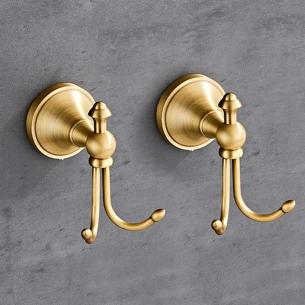 BoDoux 2 Pcs Pack Antique Brass Towel Hook Vintage Coat Hook with 2 Hooks Wall Mounted Robe Hooks for Bathrooms and Kitchen Bronze Hand Towel Hook Hanger with Brushed Gold Finish
