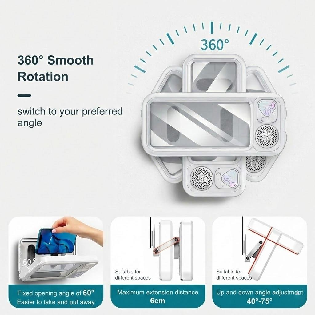 Waterproof box speaker, bathroom waterproof 360 ° rotating touch screen, Bluetooth speaker, watch movies, listen to music, phone holder Bluetooth speaker audio shower TV holder, swimming pool, kitchen, bathroom, sink, Streaming