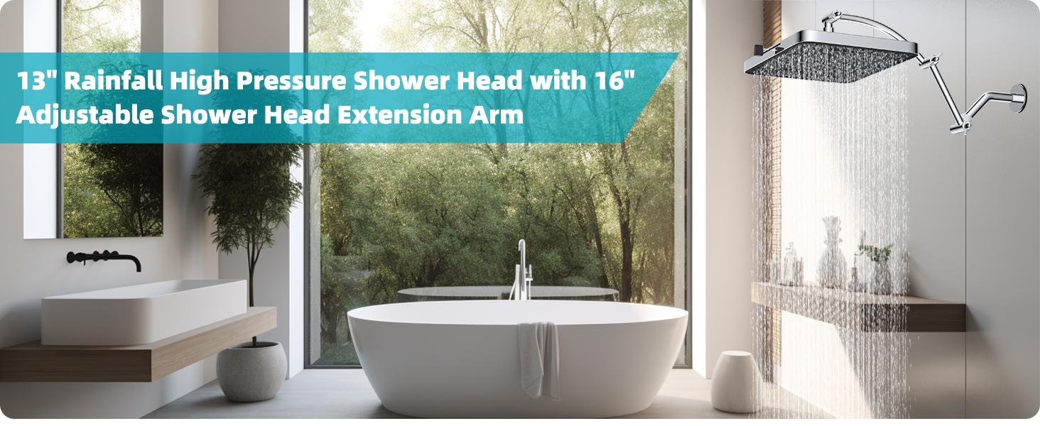 Hibbent Rain Shower Head, 13'' High Pressure Rainfall Square 5 Spray Mode Showerhead with 16" Shower Head Extension Arm, Solid Brass Adjustable Shower Arm Extender, Waterfall fixed Showerheads, Chrome