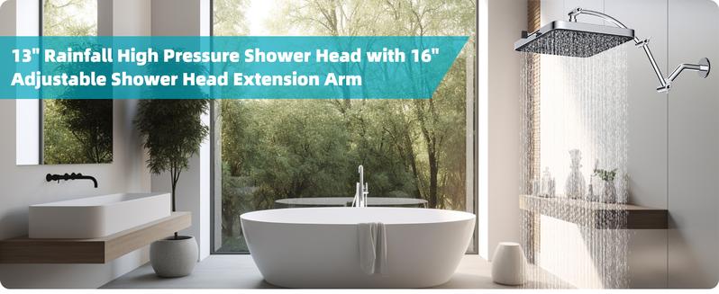 Hibbent Rain Shower Head, 13'' High Pressure Rainfall Square 5 Spray Mode Showerhead with 16" Shower Head Extension Arm, Solid Brass Adjustable Shower Arm Extender, Waterfall fixed Showerheads, Chrome