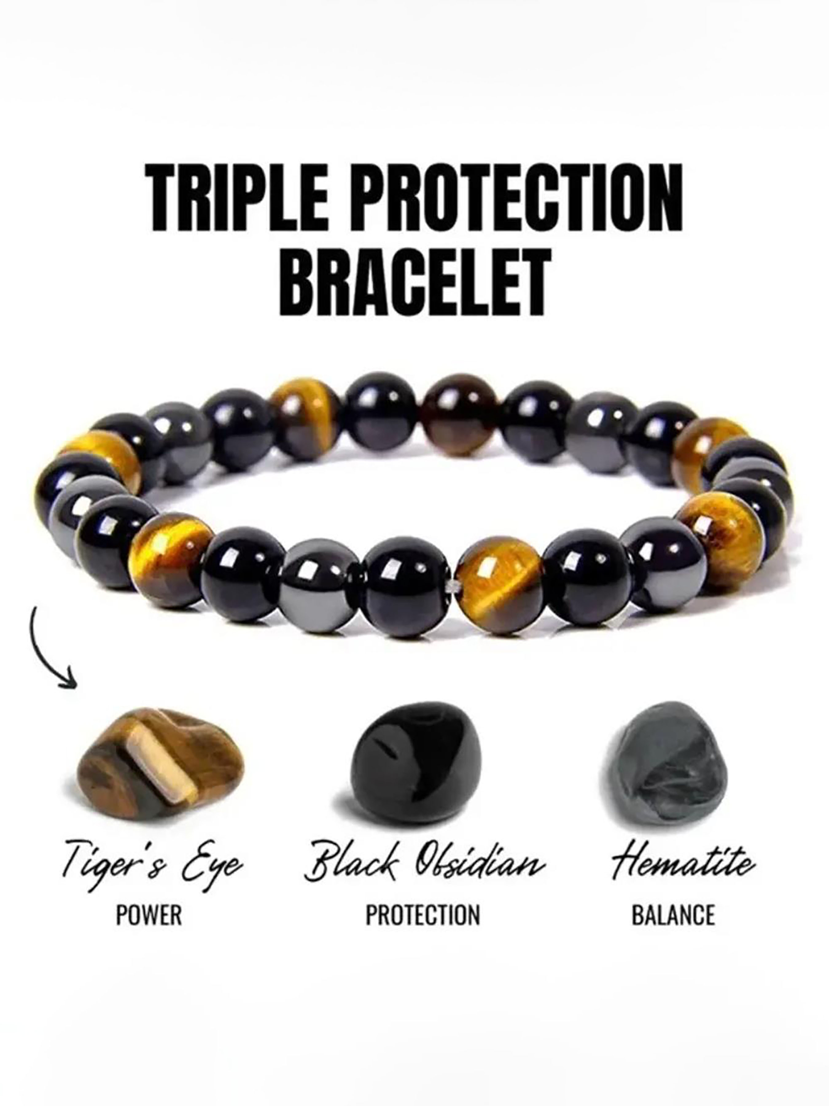 Triple Protection Bracelet, Unisex Gemstone Healing Crystal Bracelet, Fashionable Jewelry for Women & Men, Ideal Gift for Friends Triple Protection Bracelet, Unisex Gemstone Healing Crystal Bracelet, Fashionable Jewelry for Women & Men, Ideal Gift for Friends