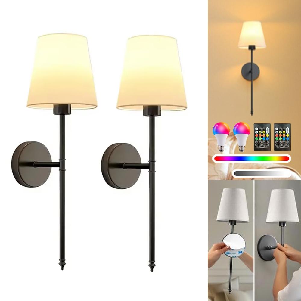 Black Paste-On Wall Light , Decorative Wall Light, Decorative Wall Lamp, RGB Rechargeable Bulb, Wireless Installation, Powered by 2000mAh Battery, Dimmable Ideal for TV Walls, Galleries, Bedrooms, Living Rooms, and Interior Decor