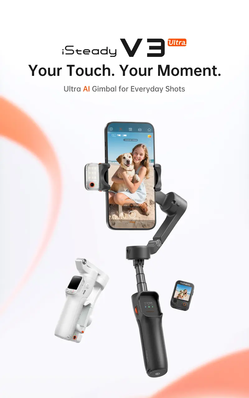 Product Introduction of hohem iSteady V3 Ultra Gimbal,Detachable Touchscreen Remote,Advanced AI Tracking with any App,360° Infinite Pan Tracking,Select People&Obeject on Touchscreen to Track,3-Color Fill Light,3-Axis Stabilization, Compatible with most iPhone&Android series 0