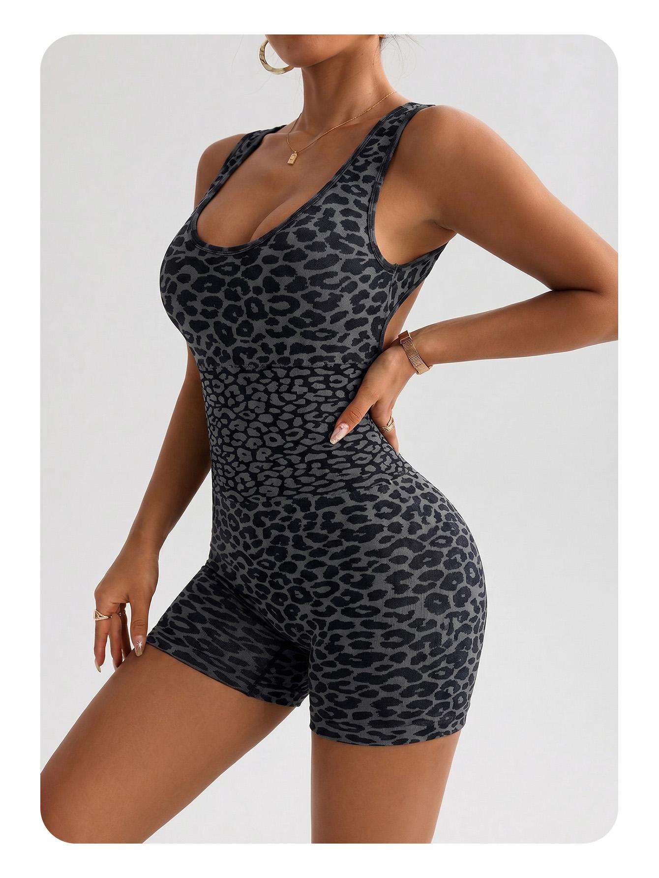 Summer Seamless Leopard Print Yoga Jumpsuit, Cross Back Sporty One-Piece, High Waist Compression Wear, Above Knee Length, All Seasons, Fit Jumpsuits, Sleeveless Yoga Jumpsuit, Tight Fitting Jumpsuit