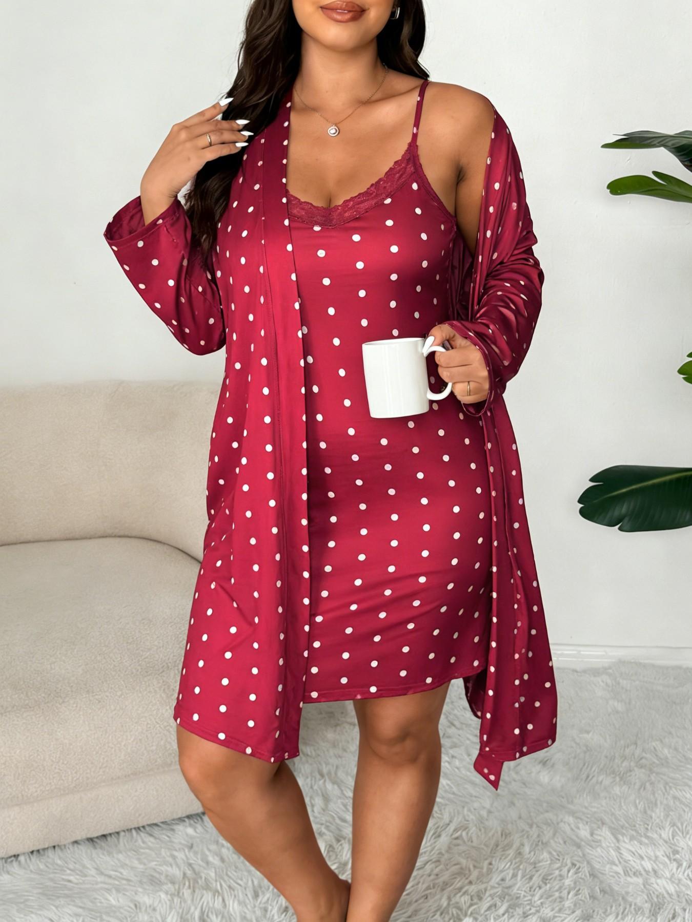 Plus Size Women's Nightwear Set, Floral Print Lace Nightdress + Long Robe, Comfortable Soft Home Sleepwear, Casual Fitted Style