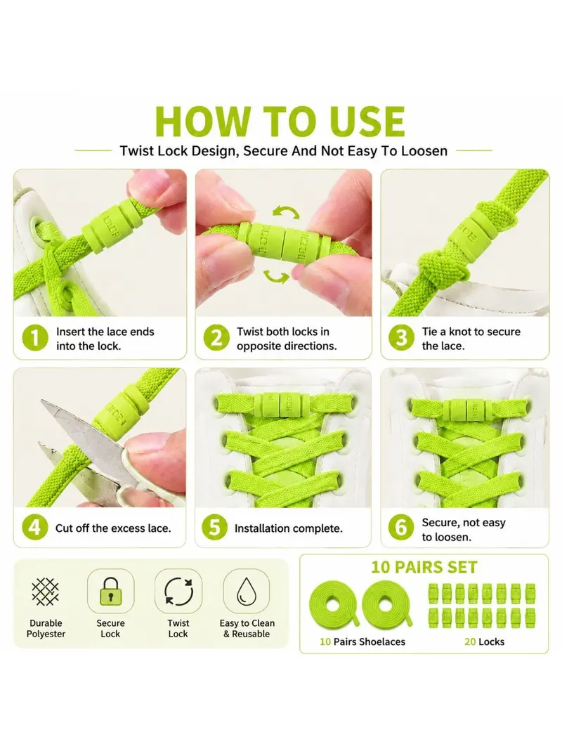 10 Pairs Adjustable Laces with Locks, Elastic Stretch Shoelaces for Kids and Adults, Quick Install Sports Shoes Laces, Shoe Strings for Sneakers