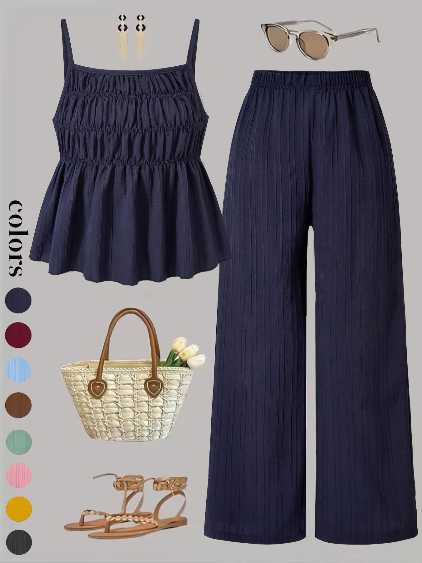 Two-Piece Set Women's Solid Color Cami Top & Wide Leg Pants Set, Street Fashion Casual Outfits for Daily Outdoor Wear, Ladies Clothes for All Seasons Two-Piece Set Women's Solid Color Cami Top & Wide Leg Pants Set, Street Fashion Casual Outfits for Daily Outdoor Wear, Ladies Clothes for All Seasons