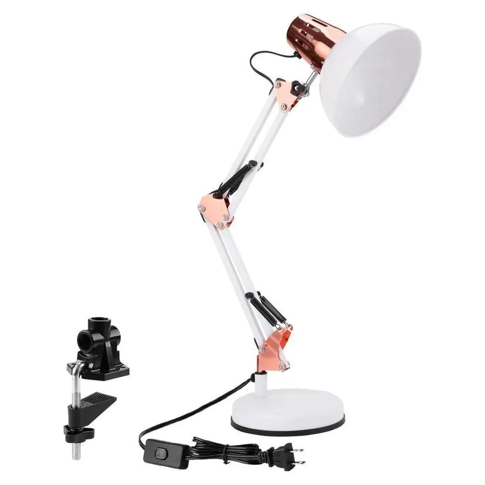 Metal Swing Arm Desk Lamp with Base & Clamp, White Rose Gold - Adjustable Architect Lamp, On Off Switch, Fits E26 E27 Bulbs, Eye-Caring Reading Light for Home Office Work StudyGift