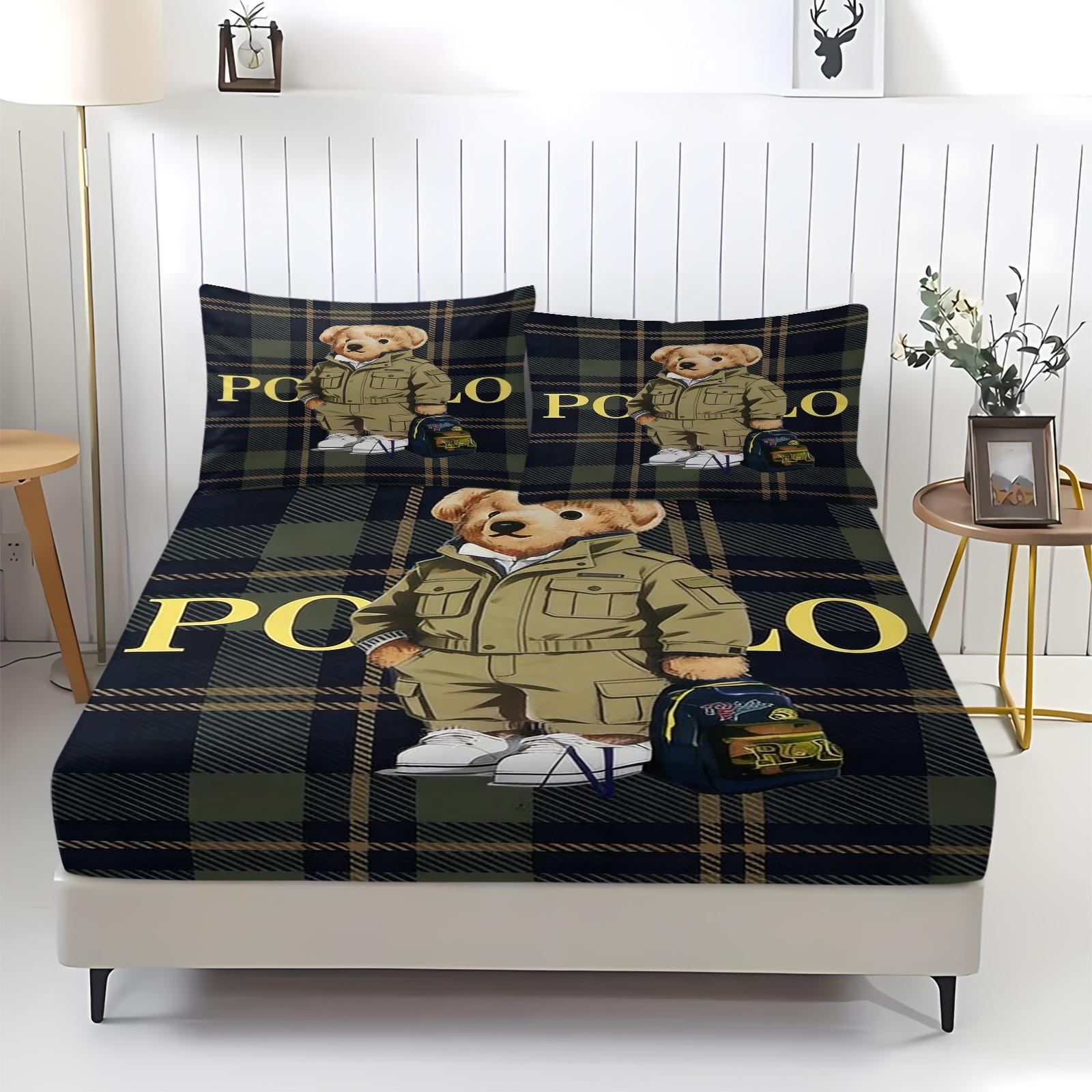 Teddy Bear Pattern Bed Sheet, Comfortable Printed Pattern, Includes 1 Bed Sheet and 2 Pillowcases, Comfortable Bedding, Non slip Dust Cover Suitable for Bedroom and Guest Room, Suitable as a Gift for Children or Adults