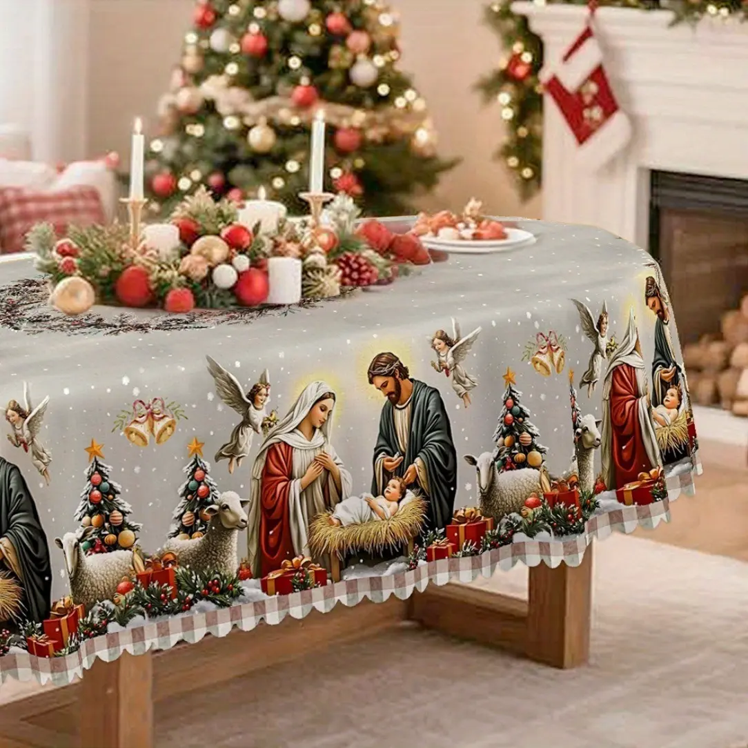2D Flat Party Tablecloth, Christmas Theme, Durable Polyester, Traditional Design, Ideal for Holidays, Outdoor Picnics, Elegant Dining Decor