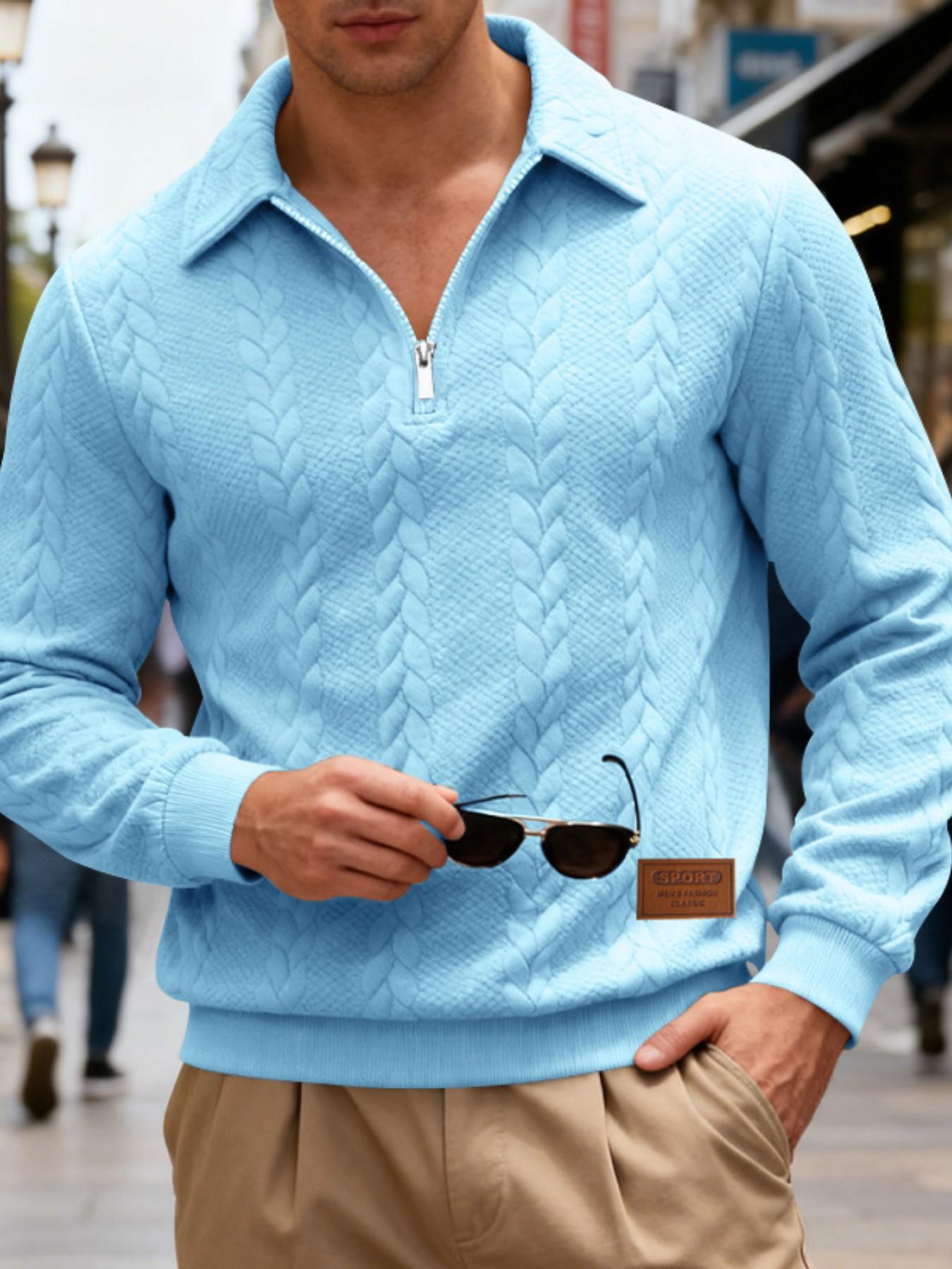 Men's Cable Knit Quarter Zip Polo Sweatshirt, Leather Label Long Sleeve, Casual Pullover, Soft Knit Jumper for Business Casual