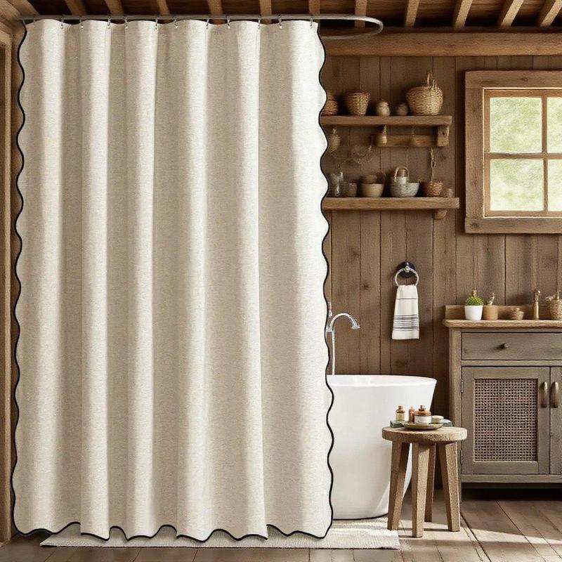 Long Scalloped Shower Curtain Linen Textured with 12 Hooks Heavy Duty Washable Waterproof Cloth Shower Curtains with Black Border for Bathroom Hotel Bathtub,Beige Quick Drying Machine Washable Home Bathroom Decor Shower Curtain Sets for Bathroom