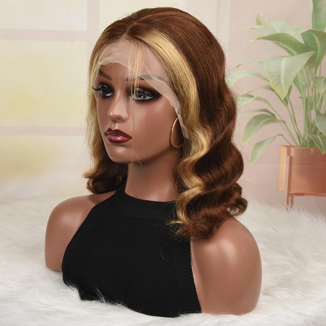 180 Density Brown Blonde Body Wave Bob Wig Human Hair 13x4 Transparent Lace Frontal Human Hair Short Bob Wig For Women Human Hair Glueless Bob Wig Human Hair Pre Plucked Short Bob Wigs for Black Women